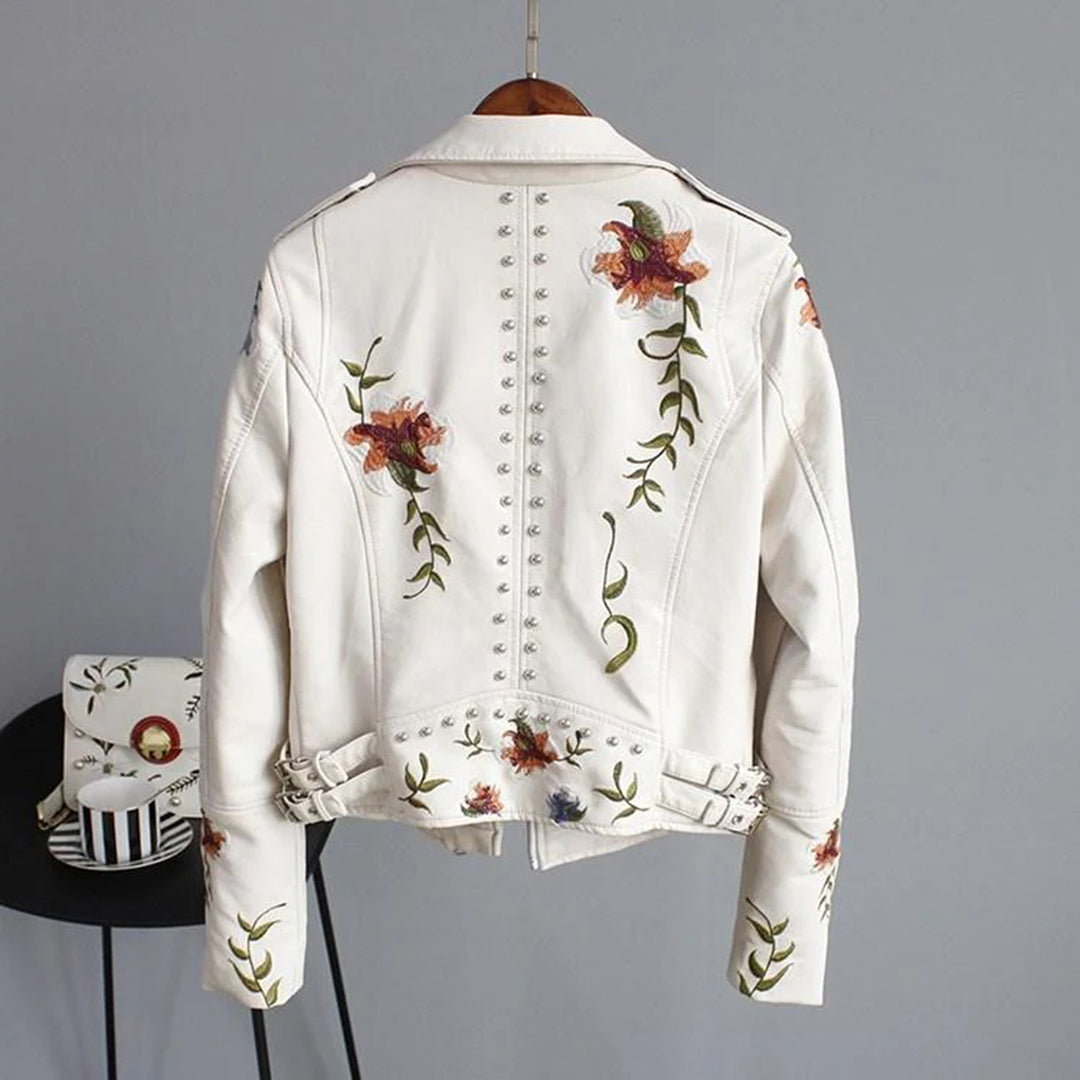 Leather Women's Jacket with Flowers | Luna