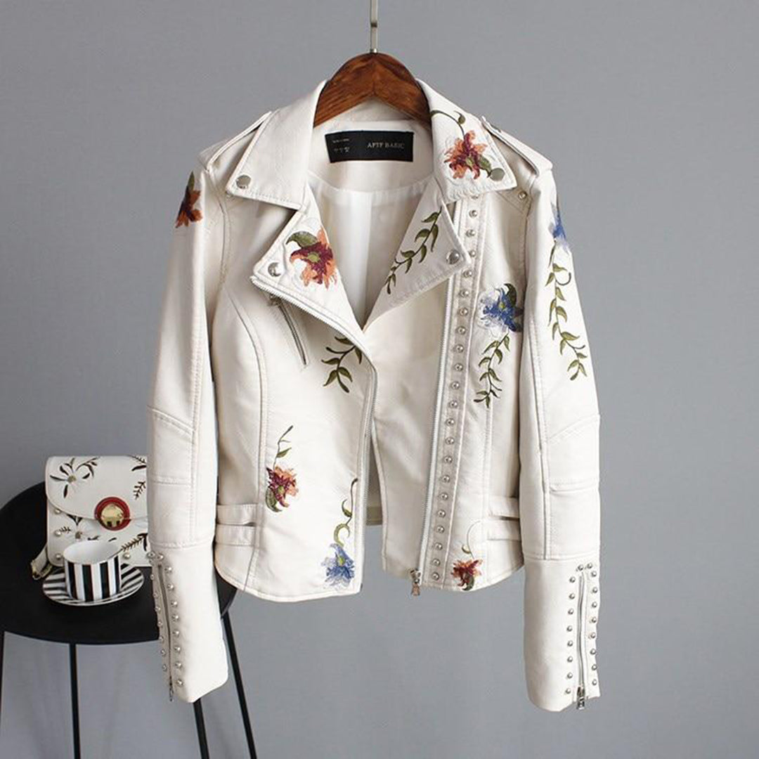 Leather Women's Jacket with Flowers | Luna