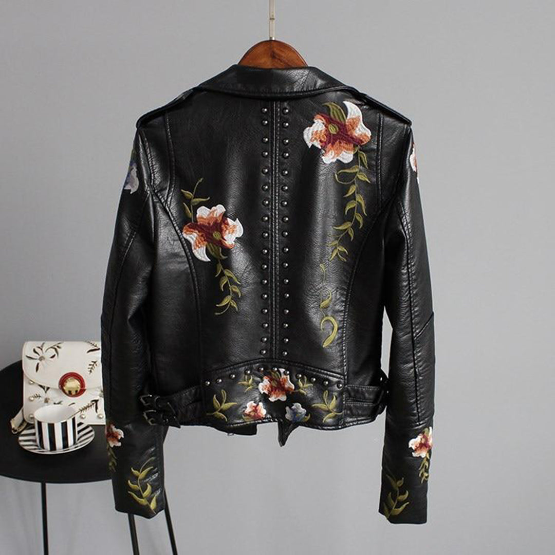Leather Women's Jacket with Flowers | Luna
