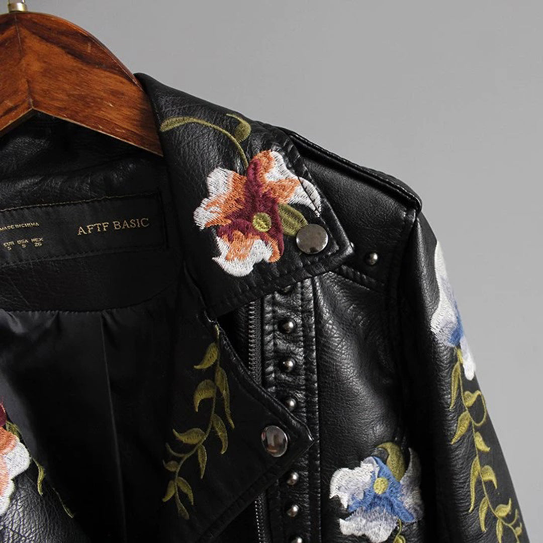 Leather Women's Jacket with Flowers | Luna