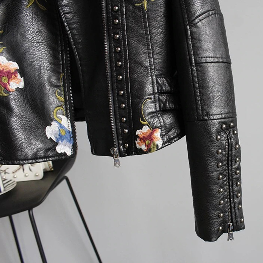 Leather Women's Jacket with Flowers | Luna