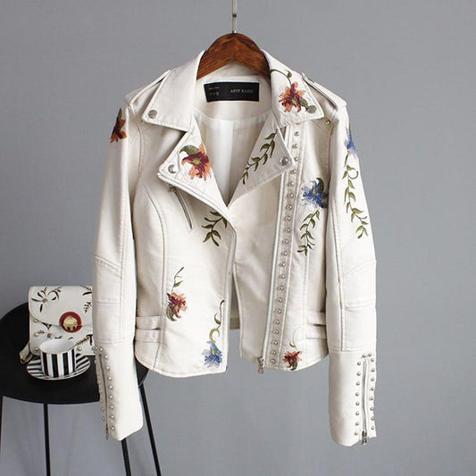 Leather Women's Jacket with Flowers | Luna