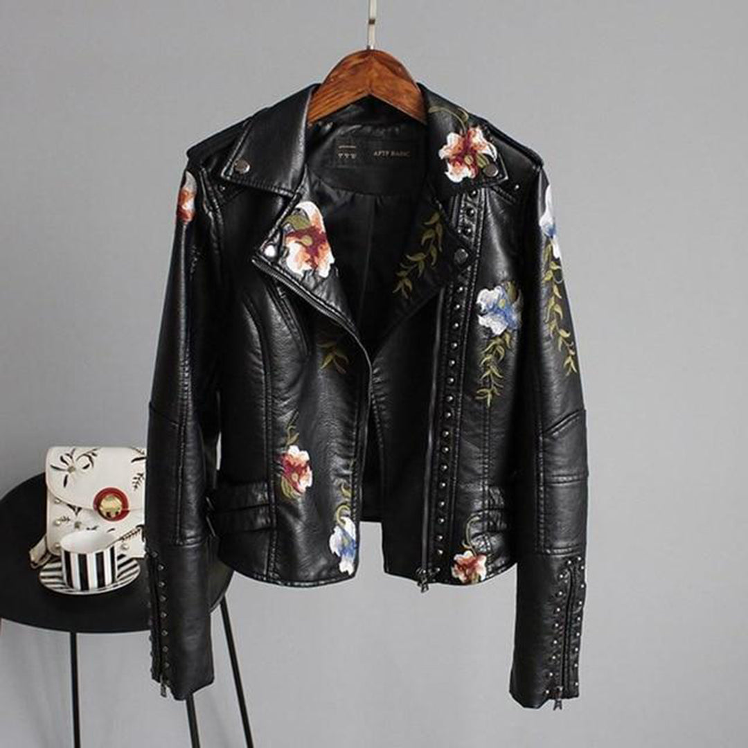 Leather Women's Jacket with Flowers | Luna