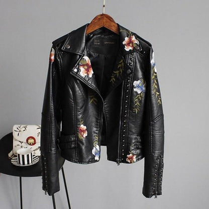 Leather Women's Jacket with Flowers | Luna