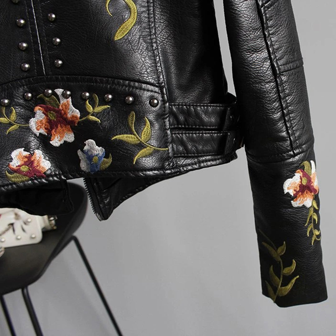 Leather Women's Jacket with Flowers | Luna