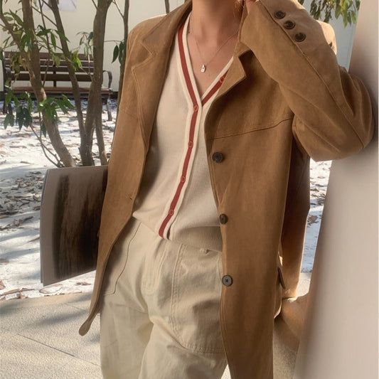 Long Suede Jacket with Notched Collar | Adrienne