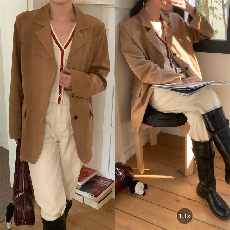 Long Suede Jacket with Notched Collar | Adrienne